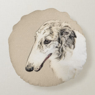 Borzoi (Silber Brindle) Malerei Original Dog Art Rundes Kissen