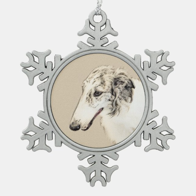 Borzoi (Silber Brindle) Malerei Original Dog Art Schneeflocken Zinn-Ornament (Vorderseite)