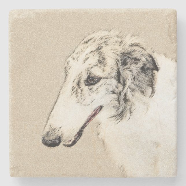 Borzoi (Silber Brindle) Malerei Original Dog Art Steinuntersetzer (Vorderseite)