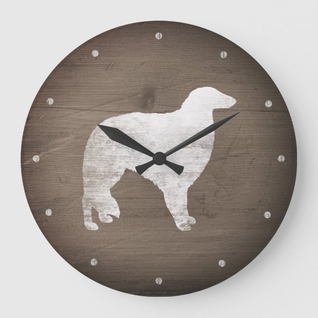 Borzoi Silhouette Rustikaler Stil Große Wanduhr (Vorderseite)