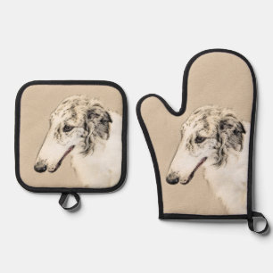 Borzoi Silver Brindle Malerei Wolfhound Dog Art Ofenhandschuh & Topflappen-Set