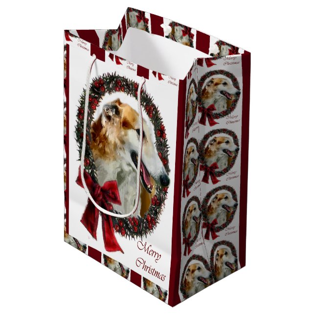 Borzoi Weihnachten Mittlere Geschenktüte (Vorderseite Schrägansicht)