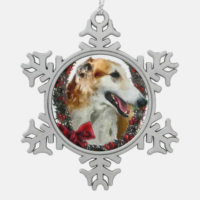 Borzoi Weihnachten Schneeflocken Zinn-Ornament (Vorderseite)