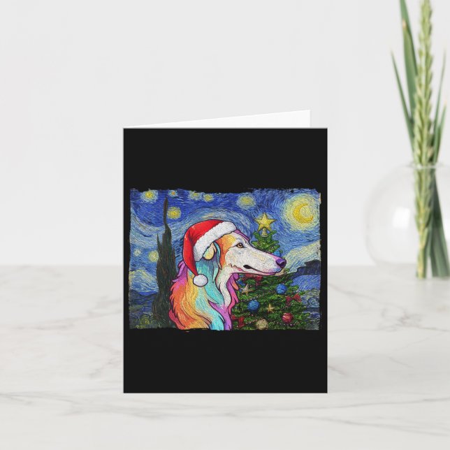 Borzoi Weihnachtsmannmütze Weihnachten Starry Nigh Karte (Vorderseite)