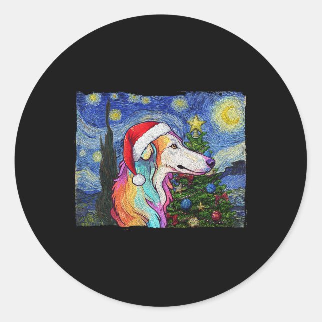 Borzoi Weihnachtsmannmütze Weihnachten Starry Nigh Runder Aufkleber (Vorderseite)