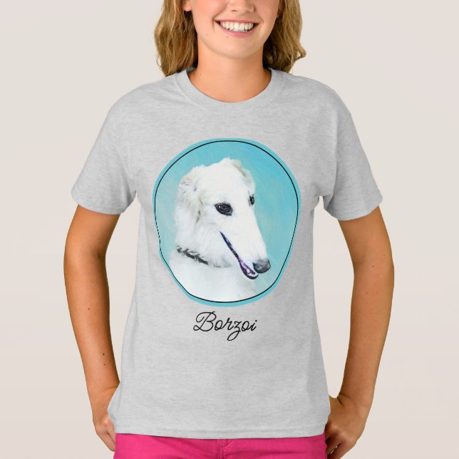 Borzoi (weiß) Malerei - Niedlich Original Hunde Ku T-Shirt (Vorderseite)