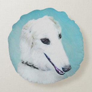 Borzoi (weiß) Malerei - Niedliche Original Hunde K Rundes Kissen
