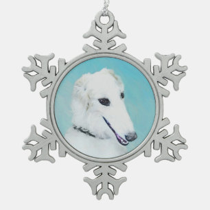 Borzoi (weiß) Malerei - Niedliche Original Hunde  Schneeflocken Zinn-Ornament