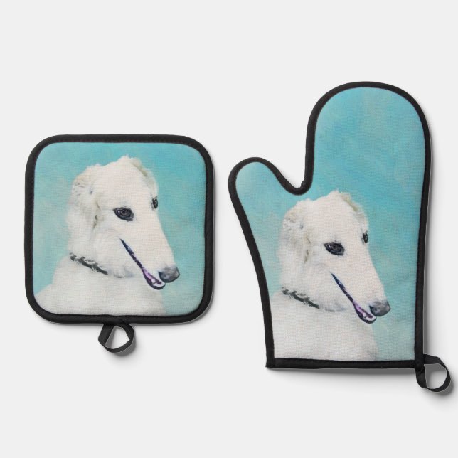 Borzoi White Painting Russian Wolfhound Dog Art Ofenhandschuh & Topflappen-Set (Vorderseite)