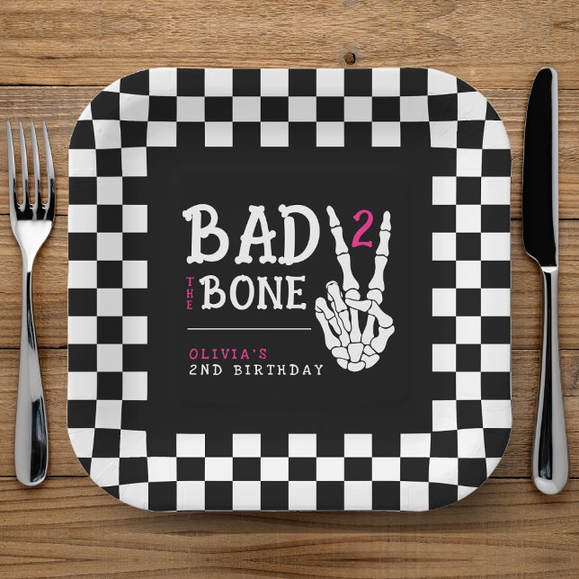 Böse bis auf die Knochen Skelett Rosa 2. Geburtsta Pappteller (Bad 2 the Bone Skeleton Pink 2nd Birthday Party Paper Plates
)