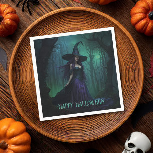 Böse Halloween-Hexe in Lila und Schwarz Serviette