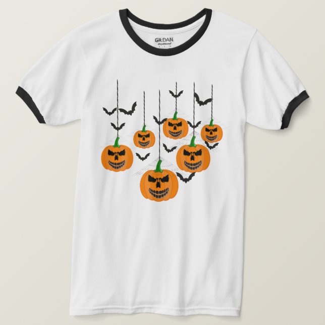 Böse Halloween-Kürbislaternen mit Fledermausmuster T-Shirt (Design vorne)