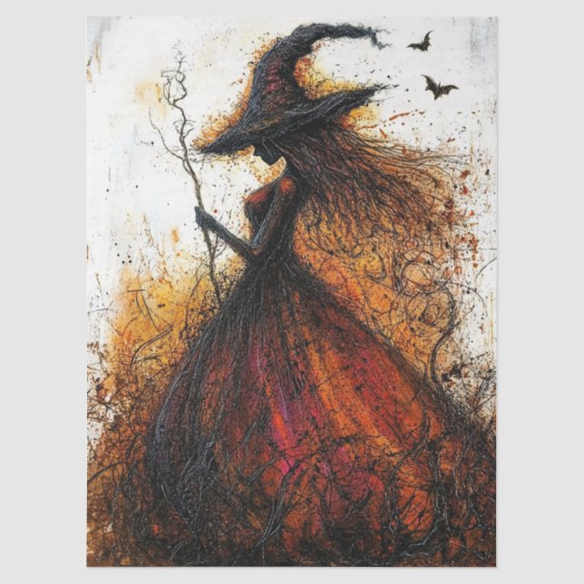Böse Hexe in Rot mit Fledermaus-Decoupage Seidenpapier (Vorderseite)