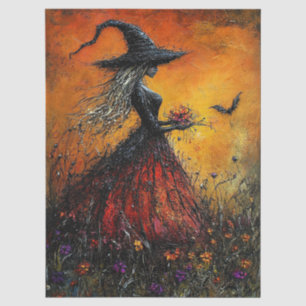 Böse Hexe in Rot mit ihrem Fledermaus-Decoupage Seidenpapier