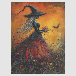 Böse Hexe in Rot mit ihrem Fledermaus-Decoupage Seidenpapier
