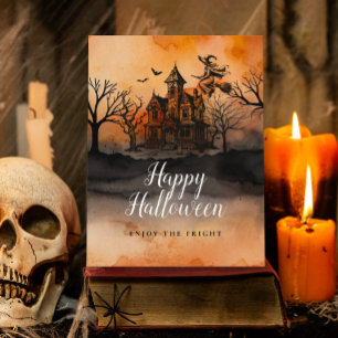 Böse Hexe Orange Schwarzes Spukhaus Halloween Postkarte