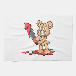 böse Teddybär mit einer Kettensäge und Lächeln Geschirrtuch