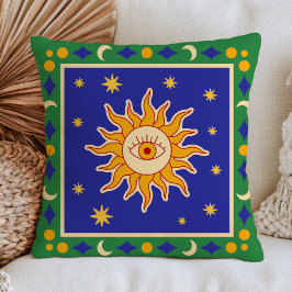 Böser Blick Sonne Grün & Blau Funky Celestial Folk Kissen