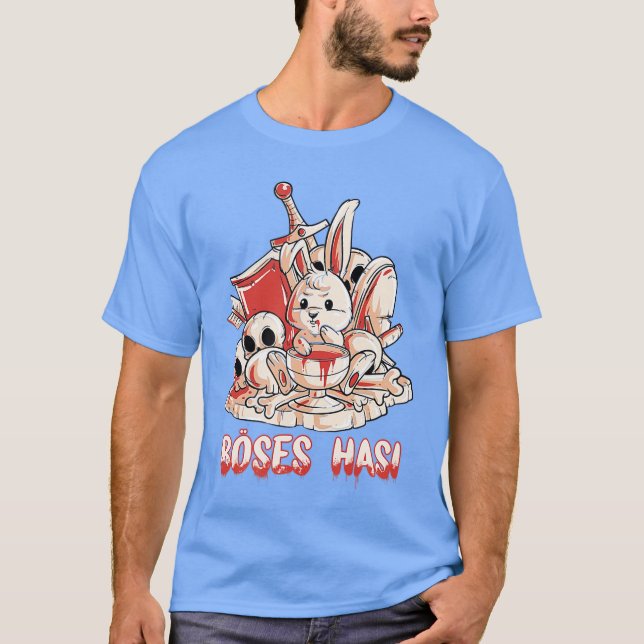 Böser Horrorhase mit Schwertschild und Ritterpfeil T-Shirt (Vorderseite)