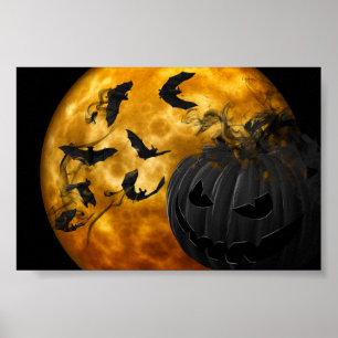 Böser Kürbiskopf und Fledermäuse bei Vollmond Hall Poster