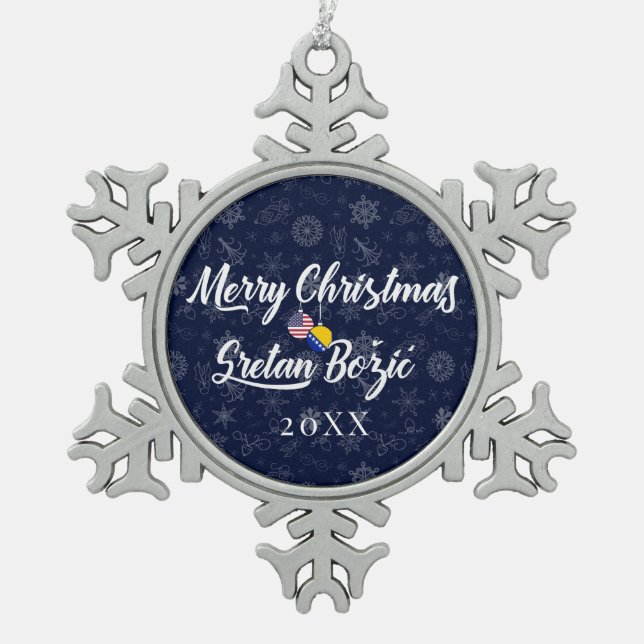 Bosnian American With Custom Year Bilingual Schneeflocken Zinn-Ornament (Vorderseite)
