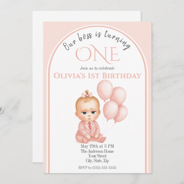 Boss Baby Girl - Einladung zum Geburtstag - Pink P (Vorne/Hinten)