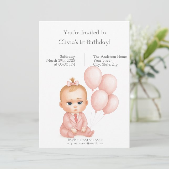 Boss Baby Girl - Einladung zum Geburtstag - Pink P (Stehend Vorderseite)