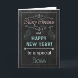 Boss Chalkboard Weihnachtskarte Feiertagskarte<br><div class="desc">Trendy Chalkboard Weihnachtskarte für Ihren Boss. Es verfügt über eine Tafel,  Kreidetext und Ornamente. (Die Karte ist keine echte Tafel oder Kreide,  die nur so angezeigt wird.) Design ©2013 Kreative Sentiments Cards von Sherry Harris</div>