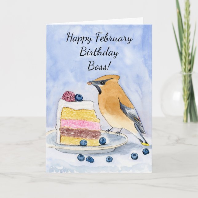 Boss Happy February Birthday Cedar Waxwing Cake Karte (Vorderseite)