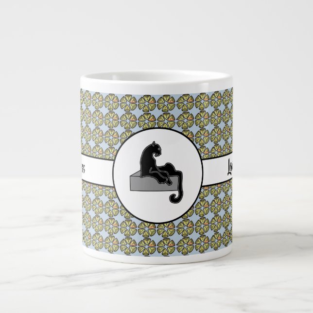 Boss Lady Black Cat und Pink Blume Blau Jumbo-Tasse (Vorderseite)