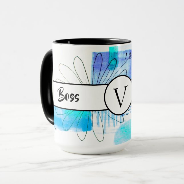 Boss Lady Blue Monogram Abstrakt Ringer 15oz Tasse (Vorderseite Links)