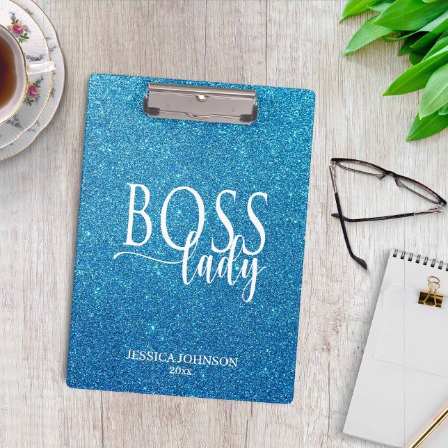 Boss Lady Blue Sparkle and White Script Klemmbrett (Von Creator hochgeladen)