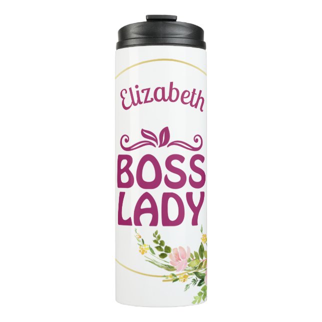Boss Lady Cooler Blumenrosa Text Thermosbecher (Vorderseite)