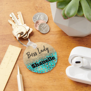 Boss Lady Glittery Türkis Leopard Custom Schlüsselanhänger