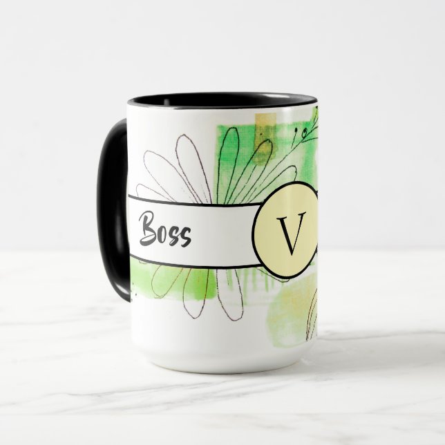 Boss Lady Green Monogram Abstrakt Ringer 15oz Tasse (Vorderseite Links)