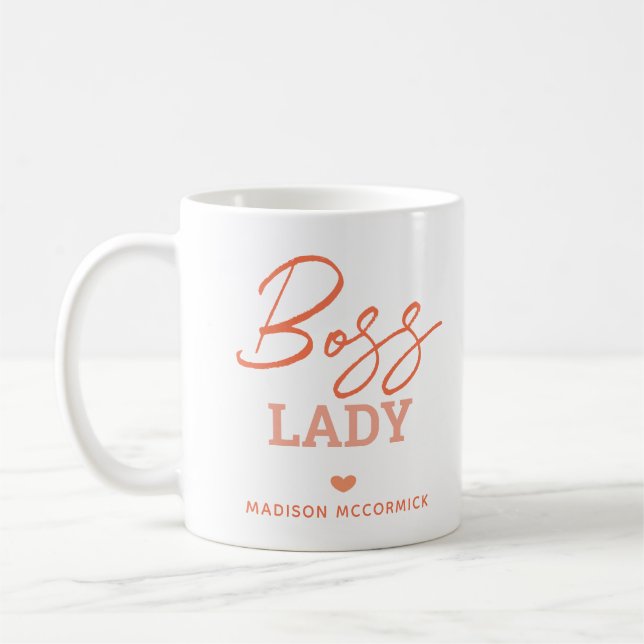 Boss Lady Modern Pink Orange Script Personalisiert Kaffeetasse (Links)