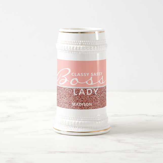 Boss Lady Pink Rose Gold Glitzer Personalisiert Bierglas (Mittel)