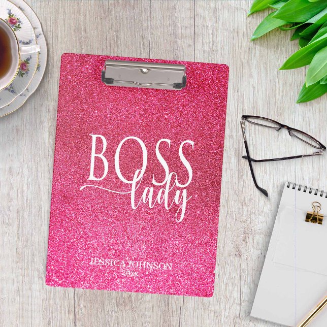 Boss Lady Pink Sparkle and White Script Klemmbrett (Von Creator hochgeladen)