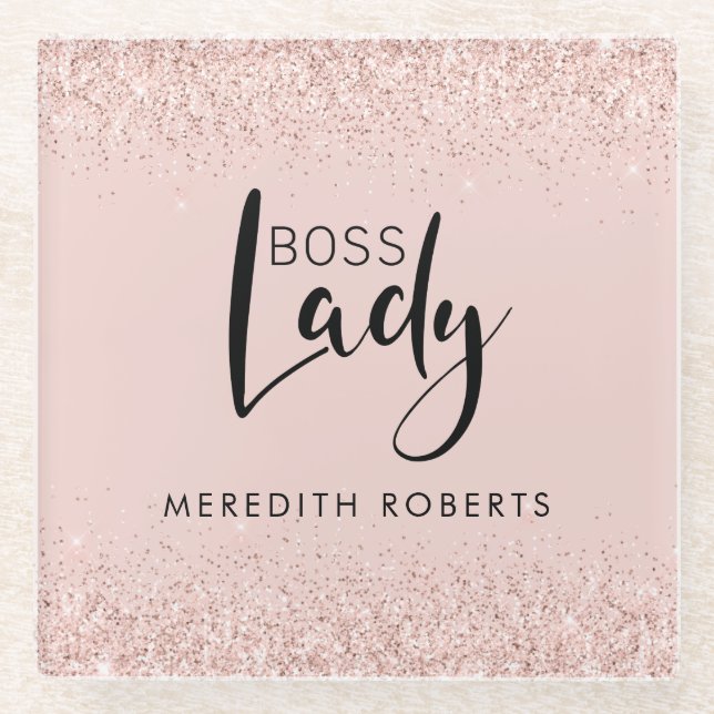 Boss Lady Rose Gold Blush Glitzer Personalisiert Glasuntersetzer (Vorderseite)