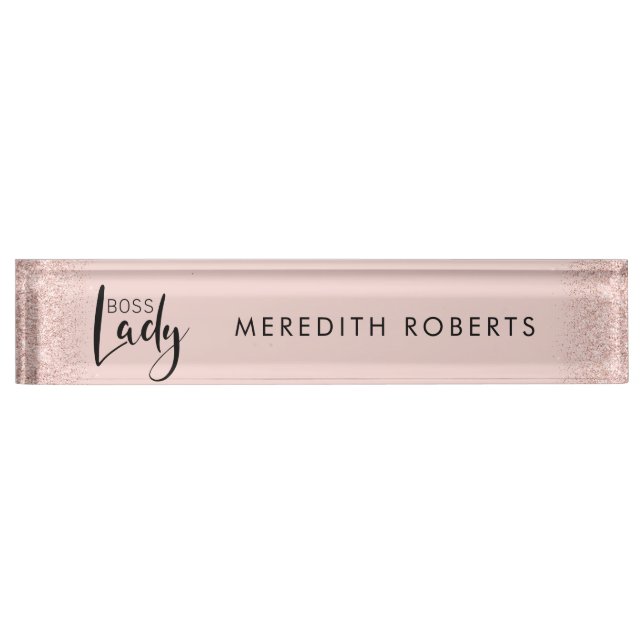 Boss Lady Rose Gold Blush Glitzer Personalisiert Namensplakette (Vorderseite)