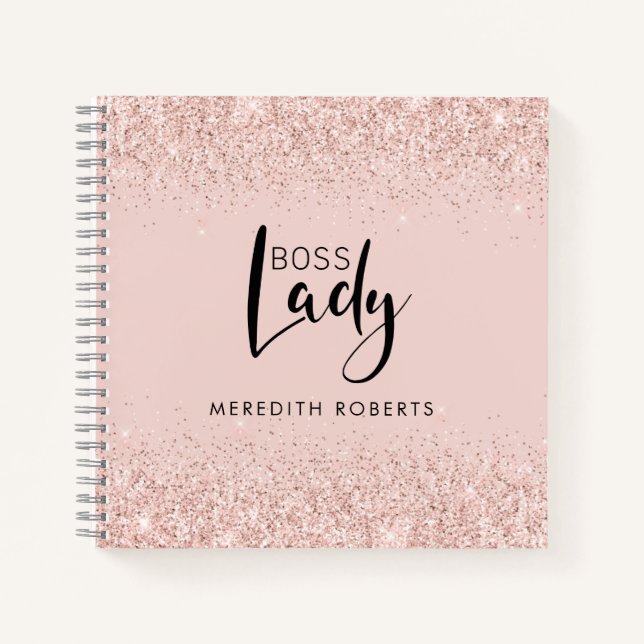 Boss Lady Rose Gold Blush Glitzer Personalisiert Notizbuch (Vorderseite)