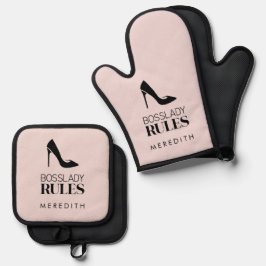 Boss Lady Rules Stiletto Logo Blush Ofenhandschuh & Topflappen-Set