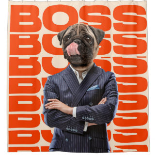 Boss mit Hundekopf stehend mit Händchenüberzug Duschvorhang