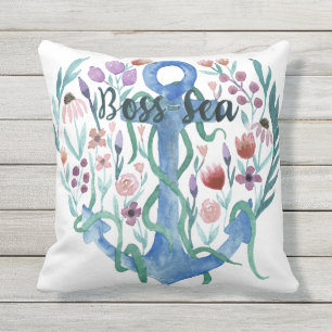 Boss Sea Quote Anchor Blume Blätter Wasserfarbe Kissen