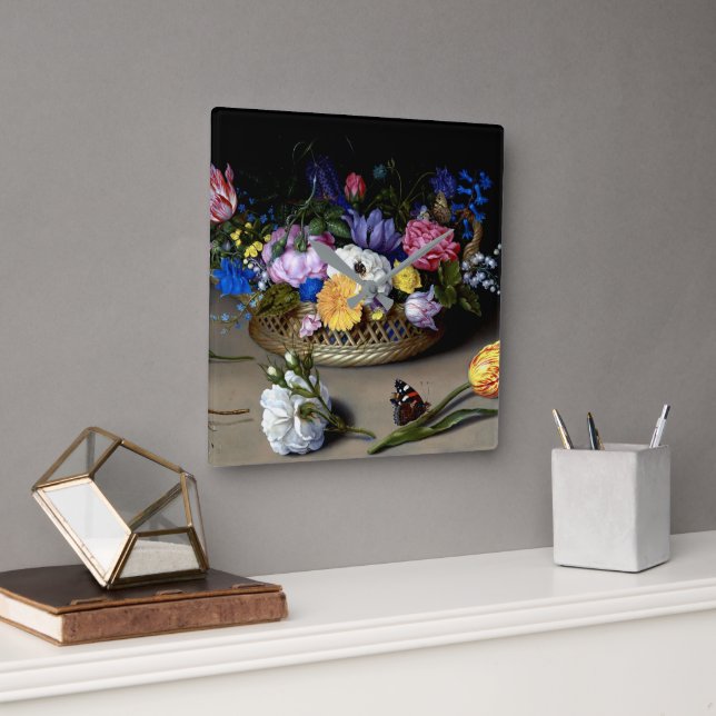 Bosschaert Blume Still Life Insekten Niederländisc Quadratische Wanduhr (Büro)