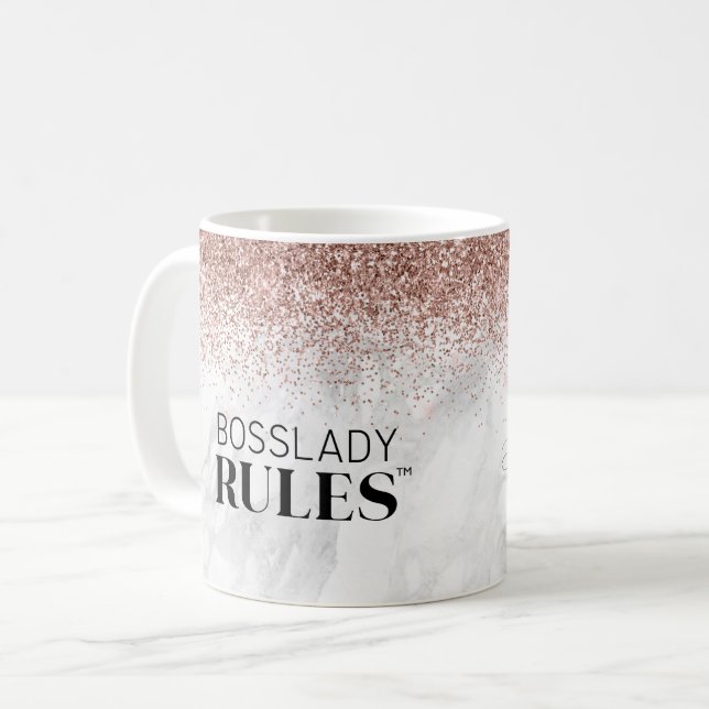 BossLady-Regeln Logo-Rose Gold Glitzer Marmorname Kaffeetasse (Vorderseite Links)