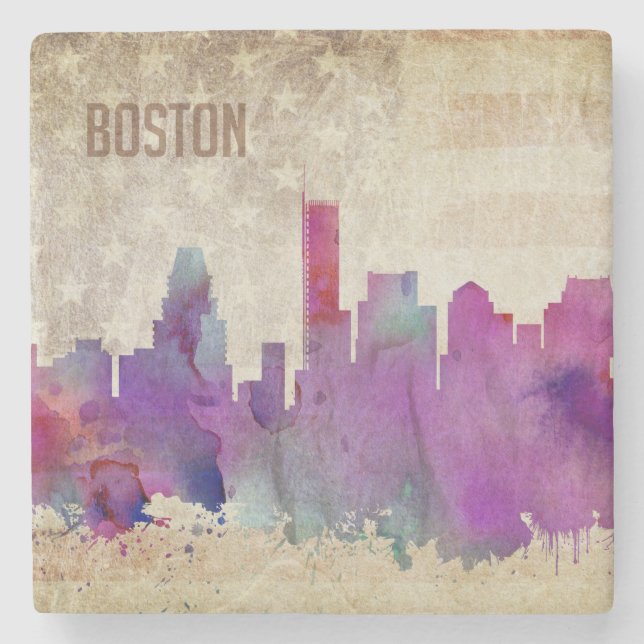 Boston, Aquarell-Stadt-Skyline MAs | Steinuntersetzer (Vorderseite)