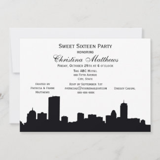 Boston Black Skyline Silhouette Sweet 16 Party Einladung