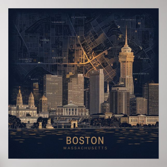 Boston, Boston Massachusetts City Skyline mit Kart Poster (Vorne)
