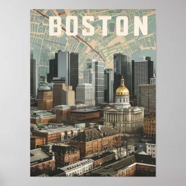 Boston, Boston Massachusetts City Skyline mit Kart Poster (Vorne)